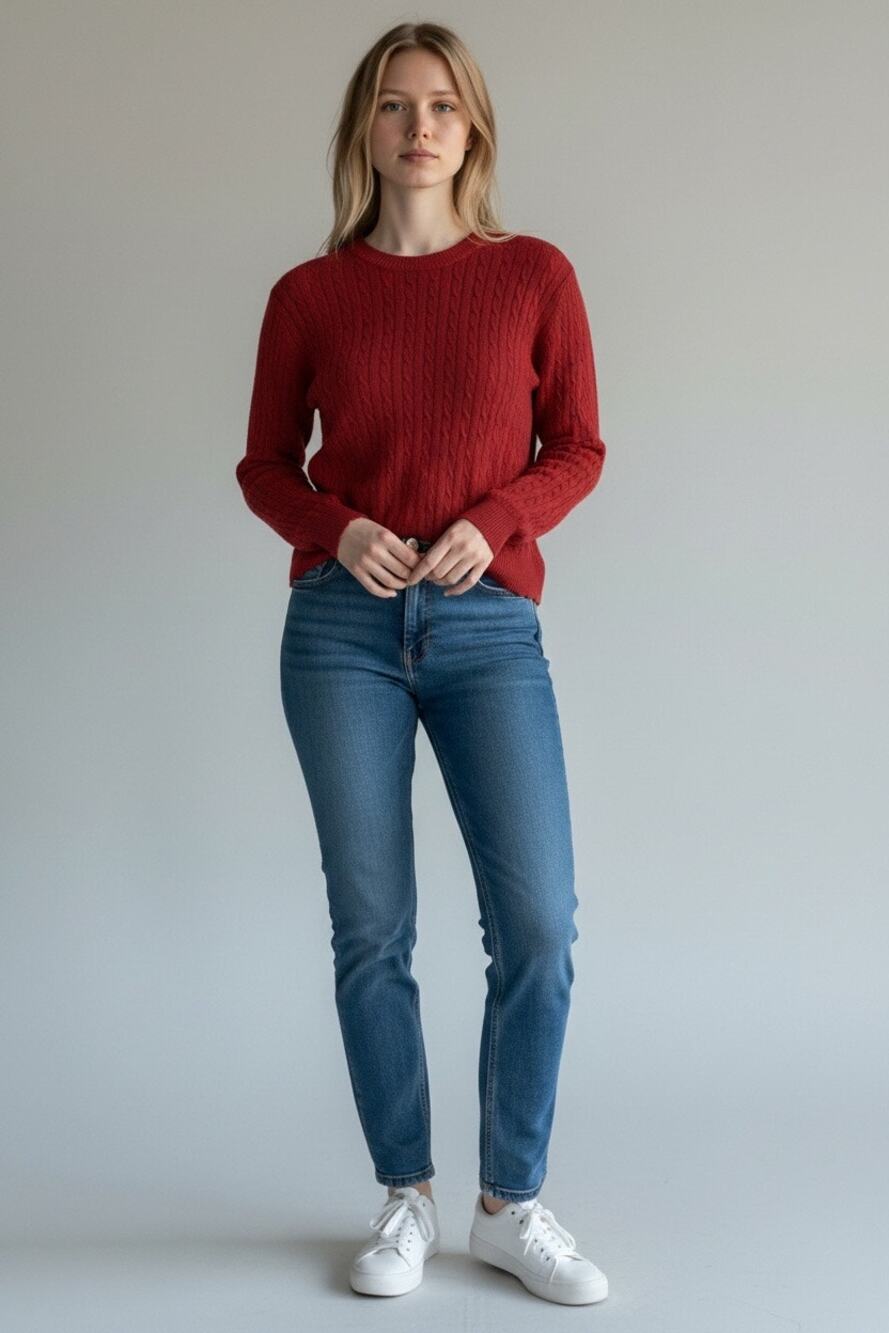 Kim Rogers Red Cable Knit Sweater Women’s Large 100% Cotton Crew Neck Pullover